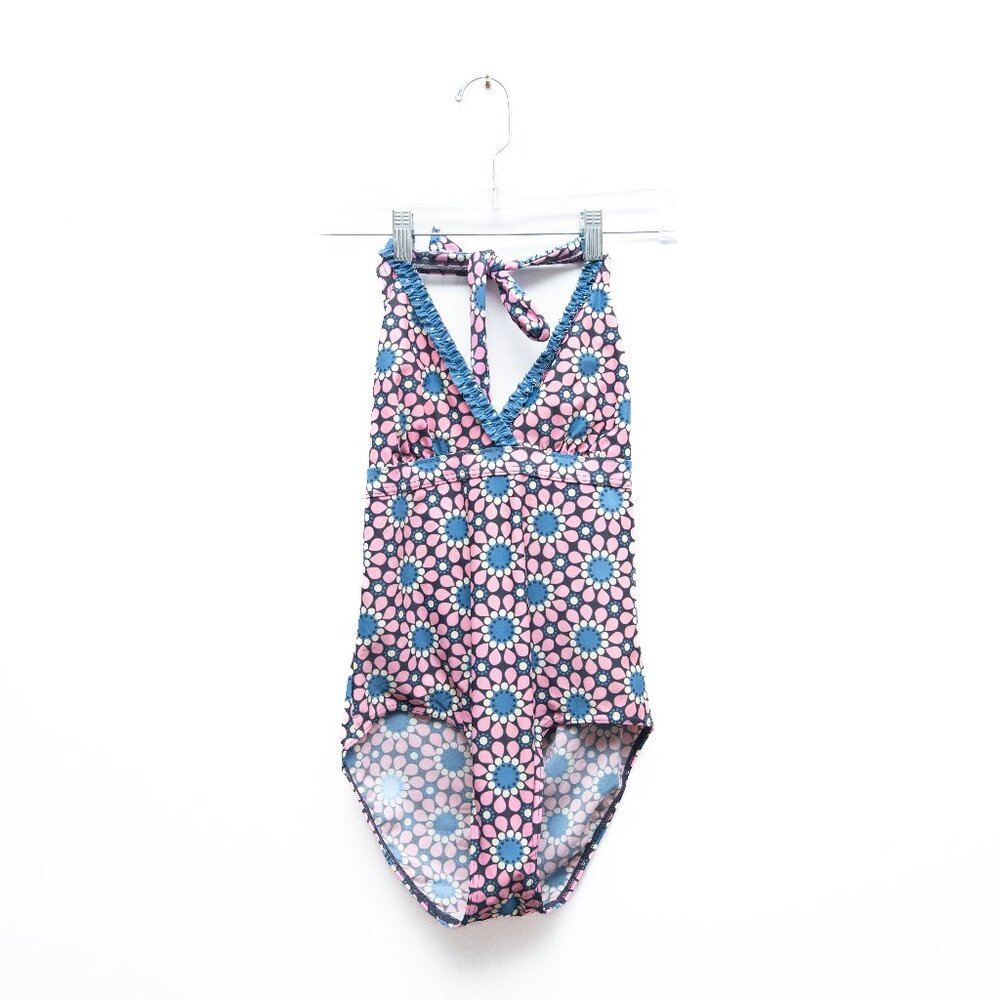 Boden Geometric Floral One Piece Bathing Suit in Pink and Blue